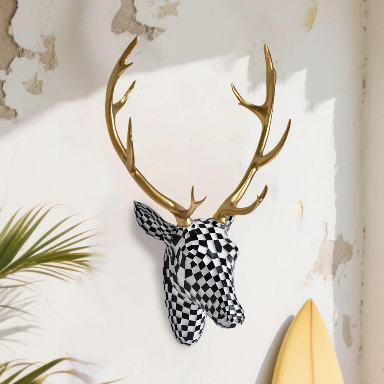 GIGICICI Mosaic Deer Head Wall Decor 15.7x8.7 Inch, Artistic Faux Resin Animal Head Wall Sculpture Hanging for Living Room Bedroom Kitchen Office, Black-White Gift