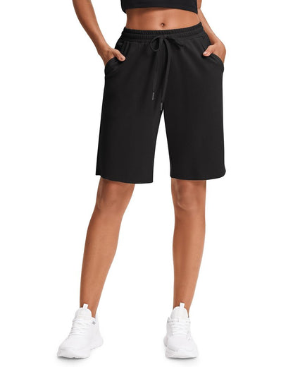 Stelle Women's Cotton Bermuda Shorts 10" Long Knee Length Comfy Sweat Shorts with Deep Pockets Lounge Casual Summer (Black, XL)