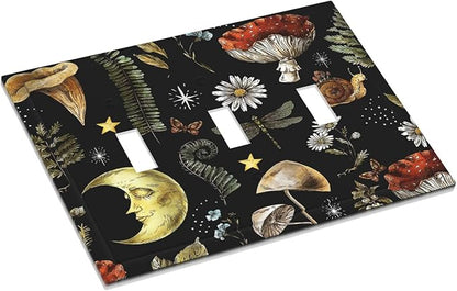 Nature Plant Botanical Daisy Mushroom Snails And Moon 3 Gang Wall Plates Decorative Triple Toggle Light Switch Cover Electrical Switchplate Unused Decorate Faceplate for Bathroom Home
