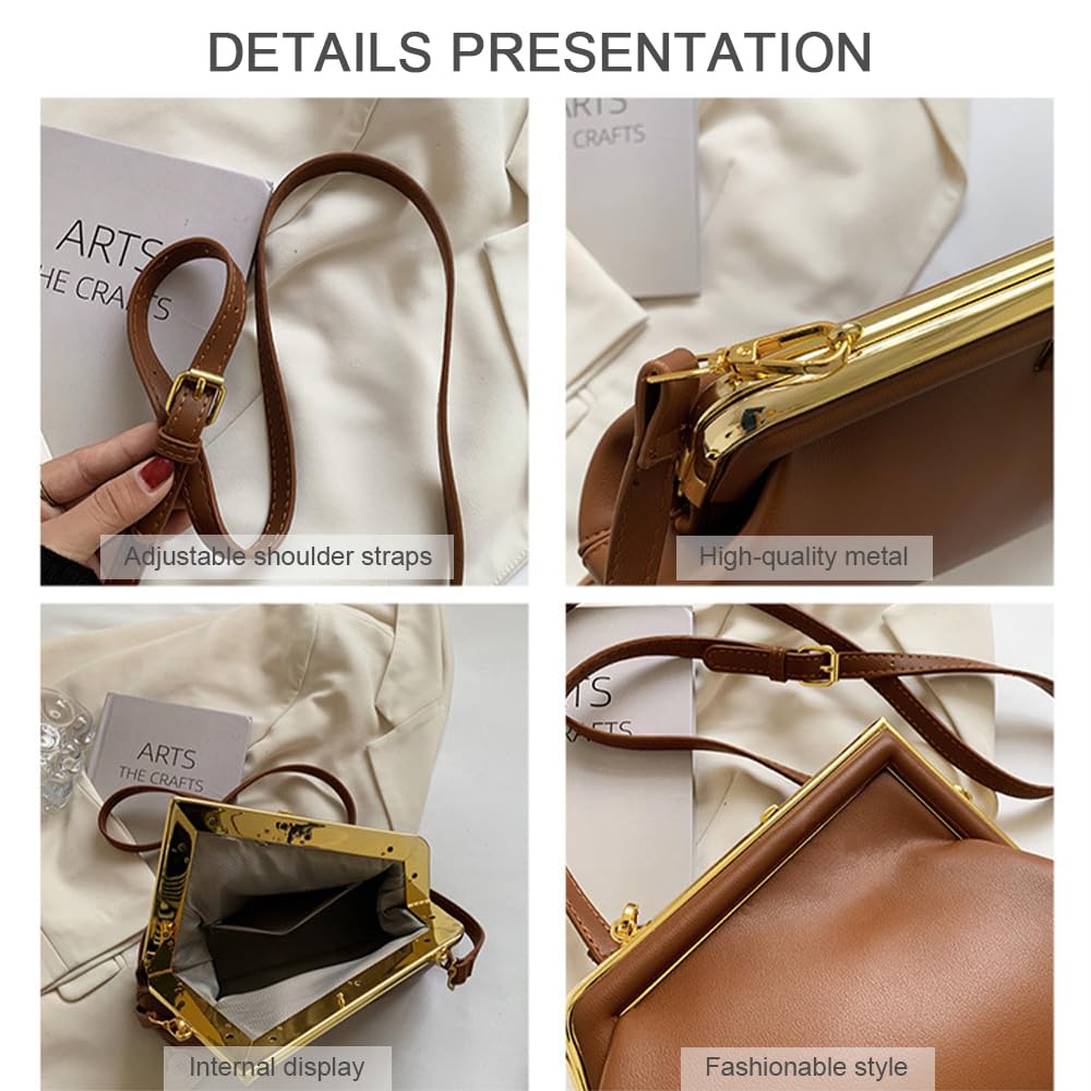 PU Leather Crossbody Bag for Women, Vintage Frame Clutch Purse with Kiss Lock Closure, Small Handbag Evening Bag (Black)