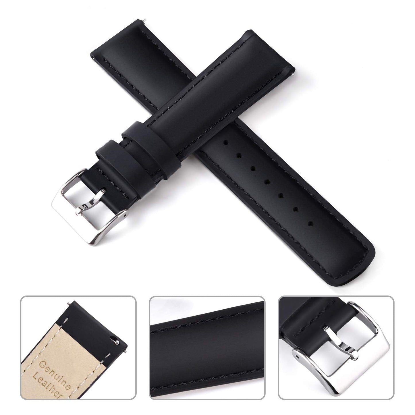 Ritche Genuine Classic Vintage Quick Release Black Leather Watch Band 18mm Top Grain Leather Watch Strap, White Elephant Gifts, Stocking Stuffers for Men, Father's Day gifts