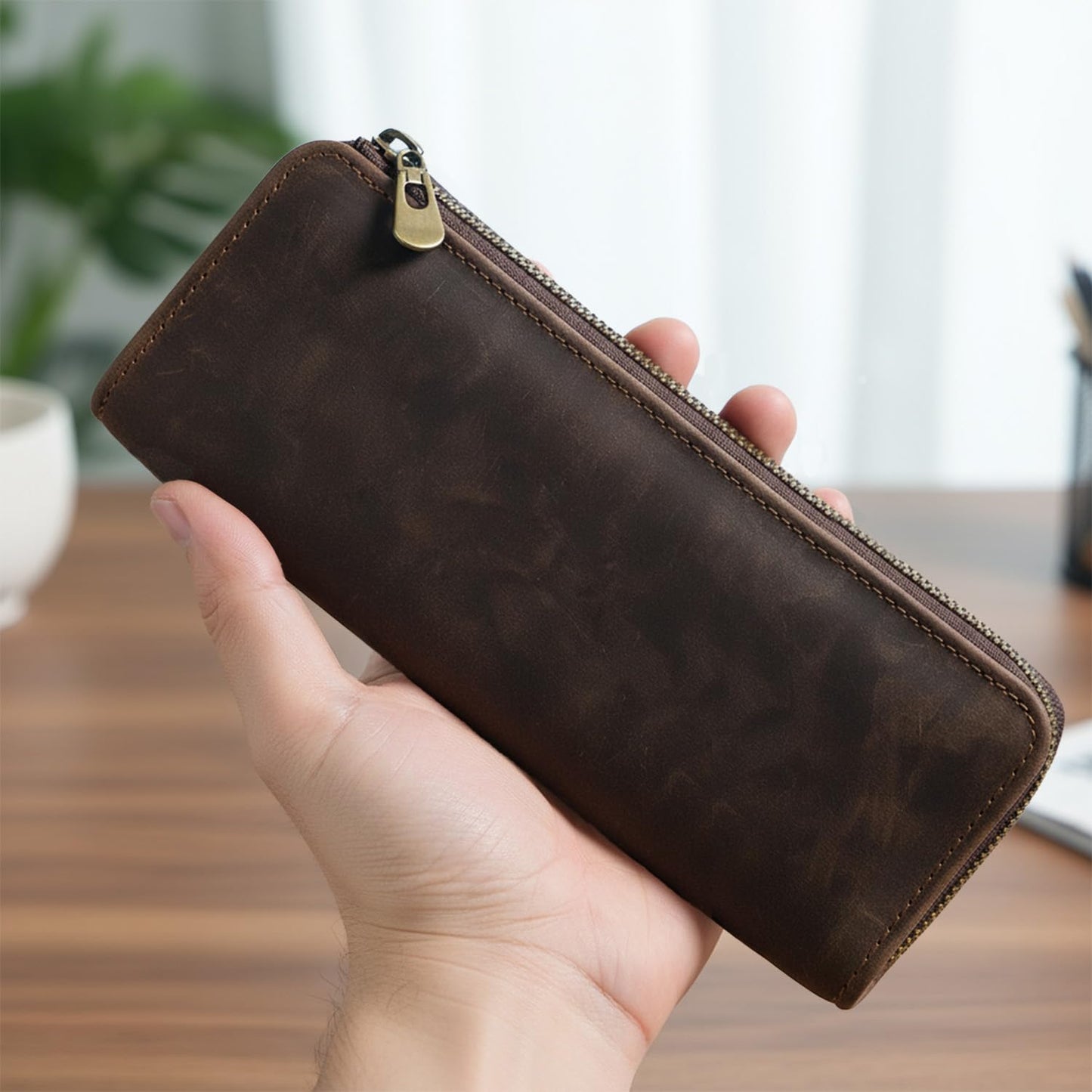Acidea Genuine Leather Pencil Case Organizer, Coffee Style Leather Storage Pen Pouch for Pencils, Markers, Pens and Art Supplies, 10 Wooden Pencils Portable Pen Case Storage for Man Woman Office