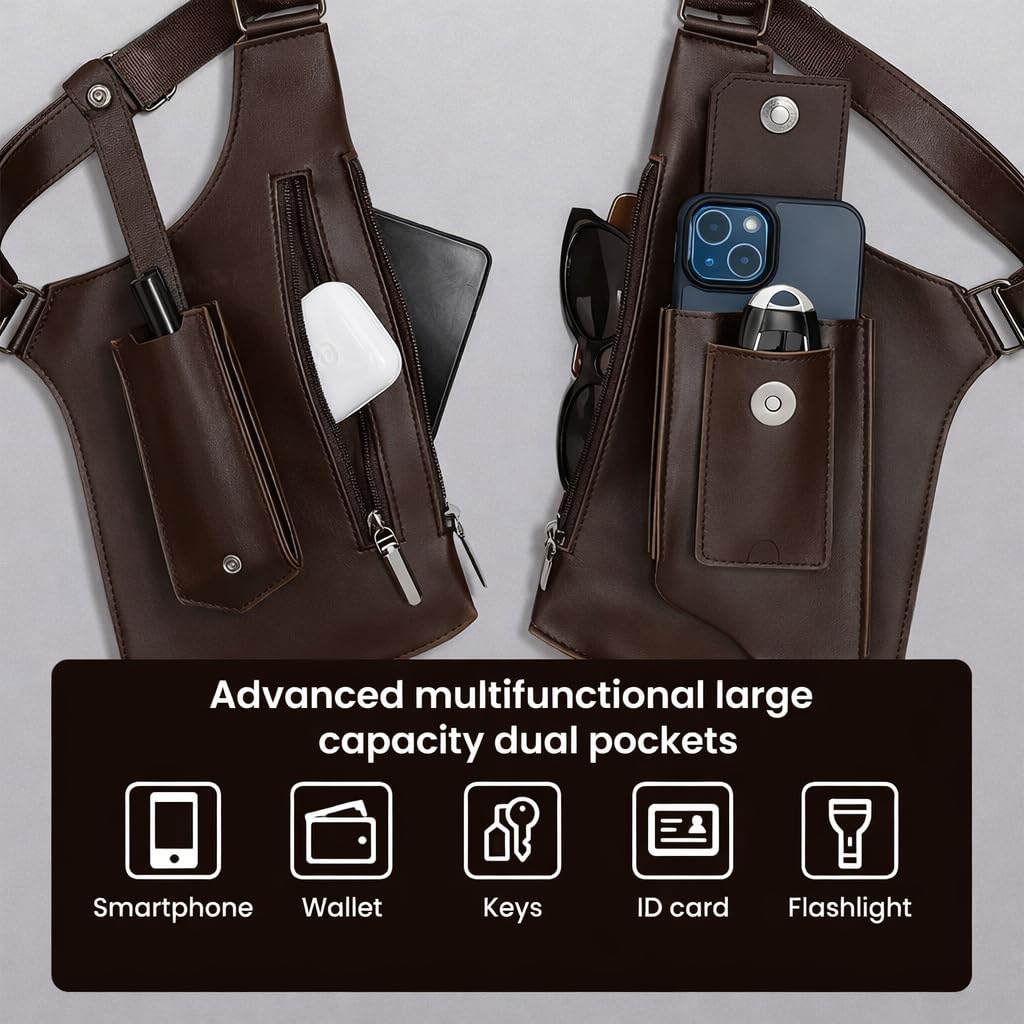 Double Shoulder Armpit Bag for Men, Anti-Theft Underarm Shoulder Bag, Adjustable Armpit Bag, Multi Pocket Crossbody EDC Bag for Travel Everyday Carry, Fits Up to 6.2" Phones (Slim Fit), Brown