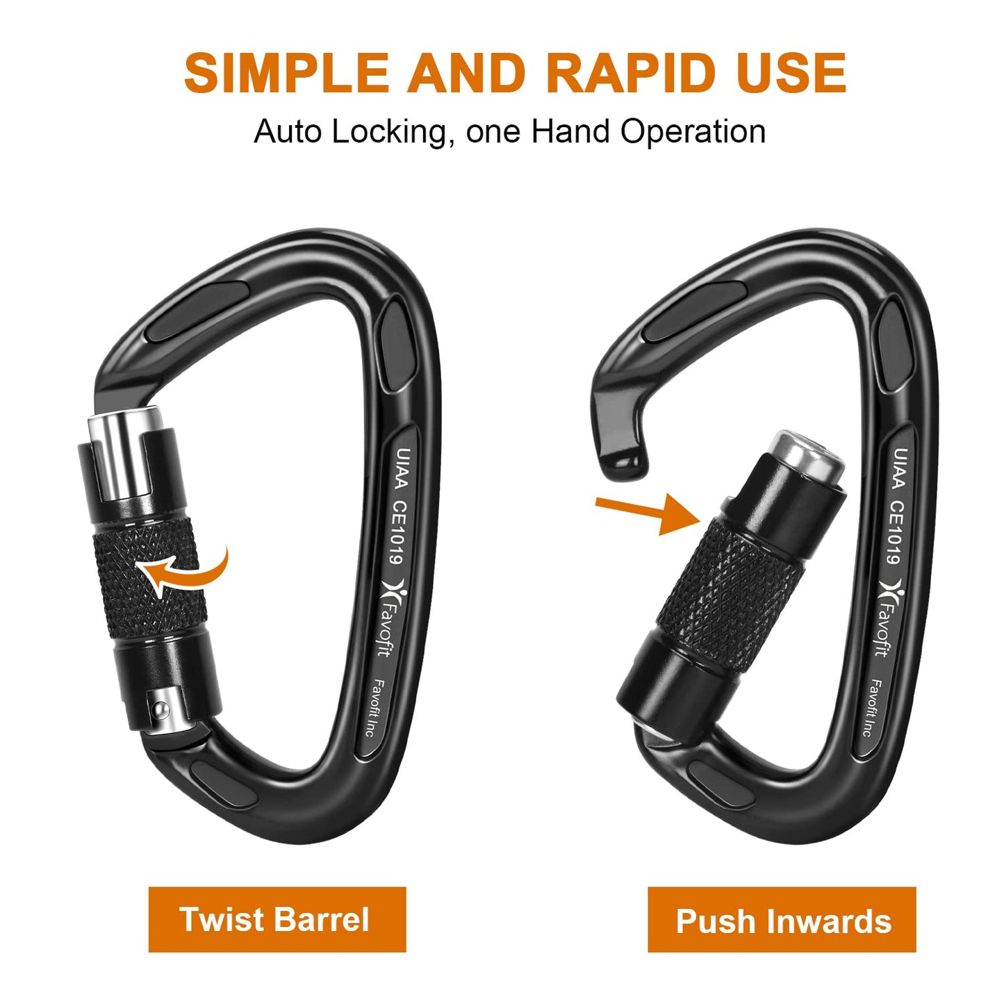 Favofit Heavy Duty Locking Climbing Carabiner 25KN UIAA Certified Safety Carabiner Clip for Arborist - 3.9'' Large Rock Climbing Hook for Hammock Rappelling Hunting