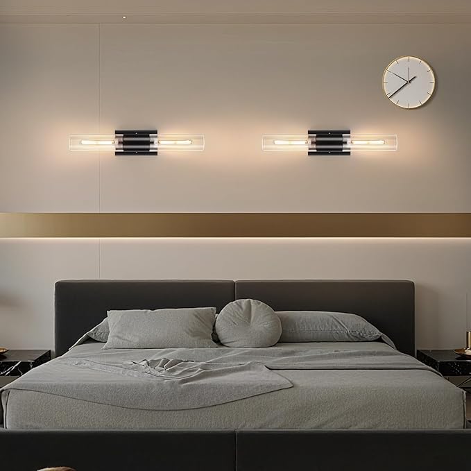 Bathroom Wall Sconces Set of Two Black , 21" Modern 2-Light Vanity Light Tube Wall Sconce, Clear Glass Indoor Hardwired Mounted Lamps for Living Room,Bedroom,Hallway-Black Clear (Bulb Not Included)