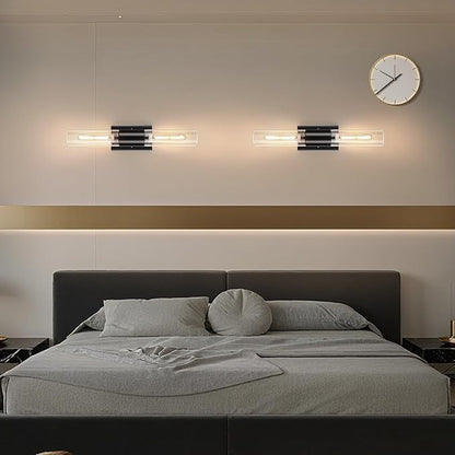 Bathroom Wall Sconces Set of Two Black , 21" Modern 2-Light Vanity Light Tube Wall Sconce, Clear Glass Indoor Hardwired Mounted Lamps for Living Room,Bedroom,Hallway-Black Clear (Bulb Not Included)