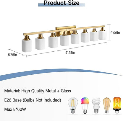 Bathroom Vanity Light,8-Light Brushed Gold Bathroom Light Fixtures with Square Frosted Glass,Gold Wall Lamp Sconces for Mirror Bedroom,Living Room Hallway,E26