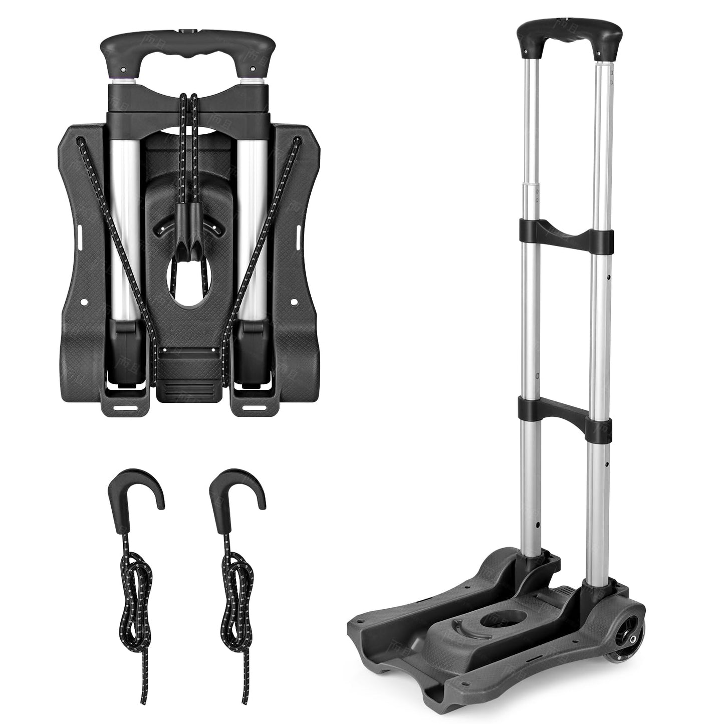 Home-Man Folding Hand Truck, Heavy Duty Luggage Cart, Utility Dolly Platform Cart with 4 Wheels and 2 Elastic Ropes for Luggage, Travel, Moving, Shopping, Office Use (110LB, Black)