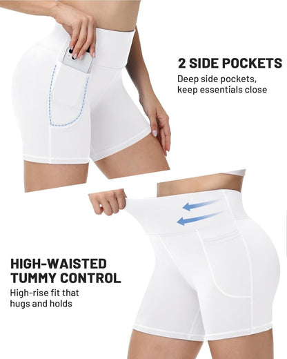 Runhit Yoga Shorts with Pockets for Women - 5'' White High Waisted Biker Workout Gym Athletic Compression Spandex Tummy Control Shorts
