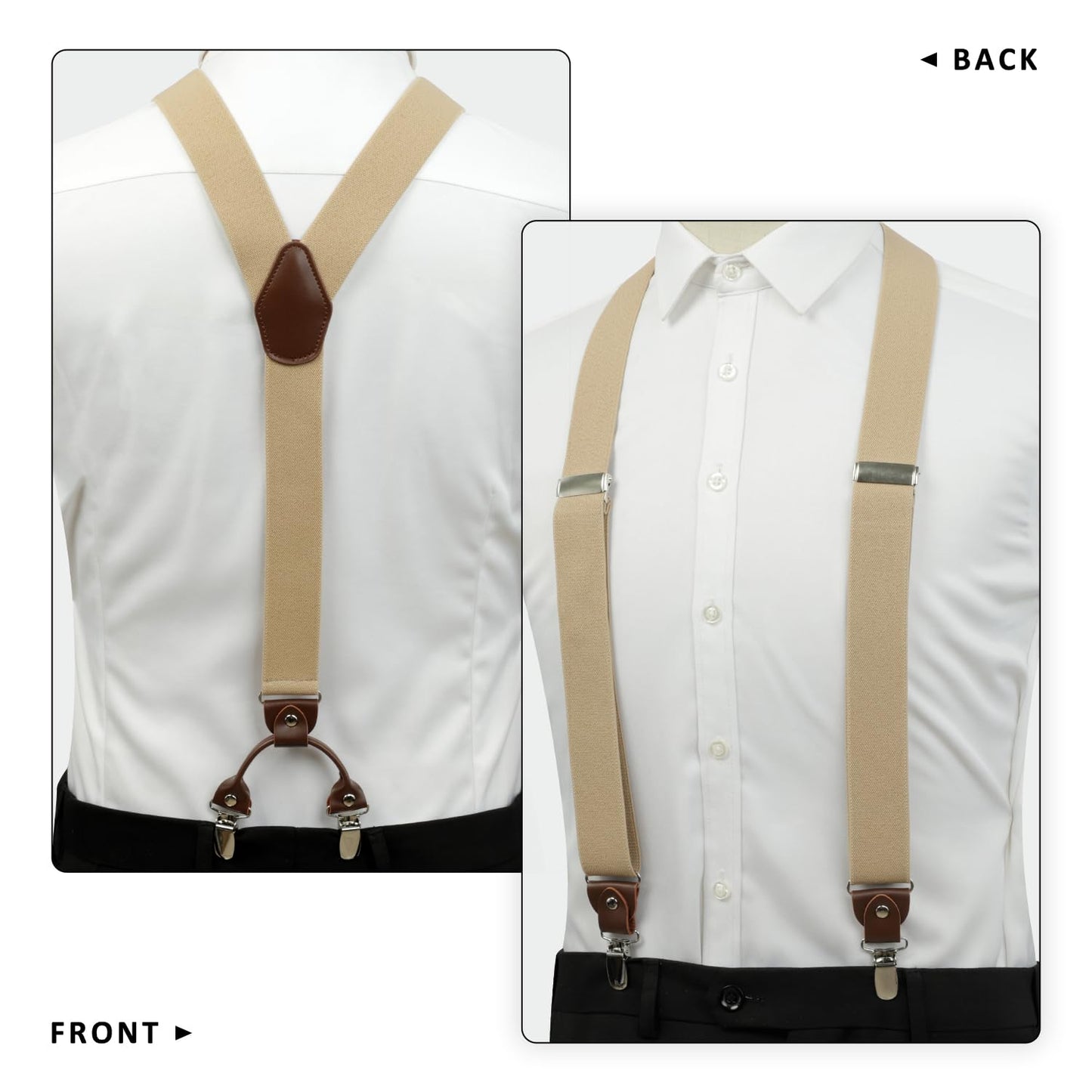 LEHOMU Men's Suspenders Adjustable Elastic Shoulder Straps 1.4 Inch Wide 4 Super Strong Metal Clips Adjustable Y Back Costume Wedding Prom Tuxedo Dress Suspenders,Champagne