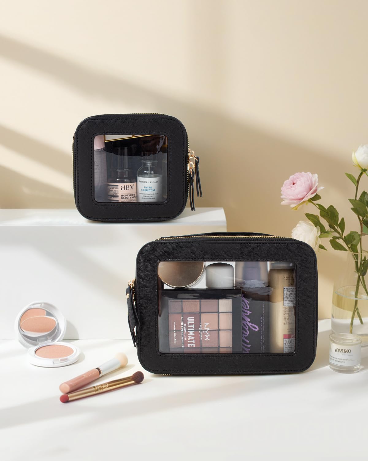 KOTORA Clear Makeup Bag Organizer Set,Portable Travel Toiletry Case for Women, Vegan Leather Cosmetic Pouch Car Bag for Essentials Car Make Up Bag Organizer Storage Traveling (Black)