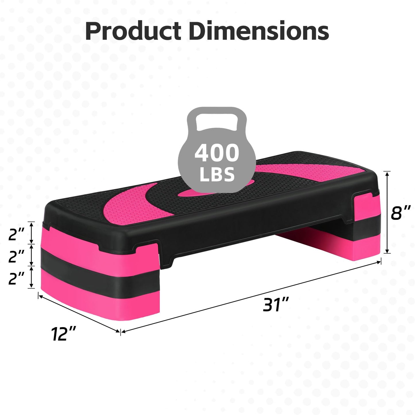 Saicool 31 Inch Adjustable Workout Aerobic Step, Exercise Platform Trainer w 4 Adjustable Risers for Home Gym Fitness Workout,Lightweight, Pink