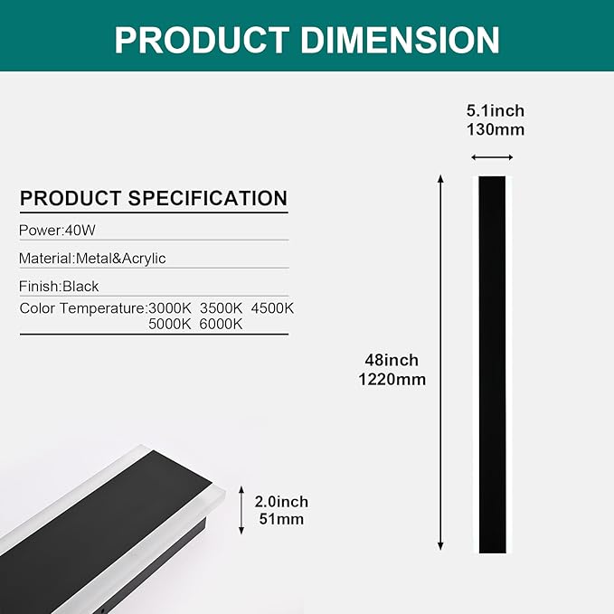 Outdoor Long Wall Lights, 48inch 2 Pack Dimmable Modern Led Wall Lighting,Black Wall Mount Long Linear Exterior Lighting Ip65 Waterproof Exterior Wall Light Fixtures for Garage Patio Porch