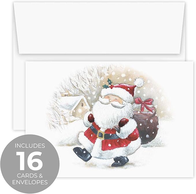 Canopy Street Masterpiece Happy Santa Christmas Cards / 16 Holiday Cards With Coordinating White Envelopes Set / 5 5/8" x 7 7/8" Jolly Winter Greeting Cards With Inside Verse/Made In The USA