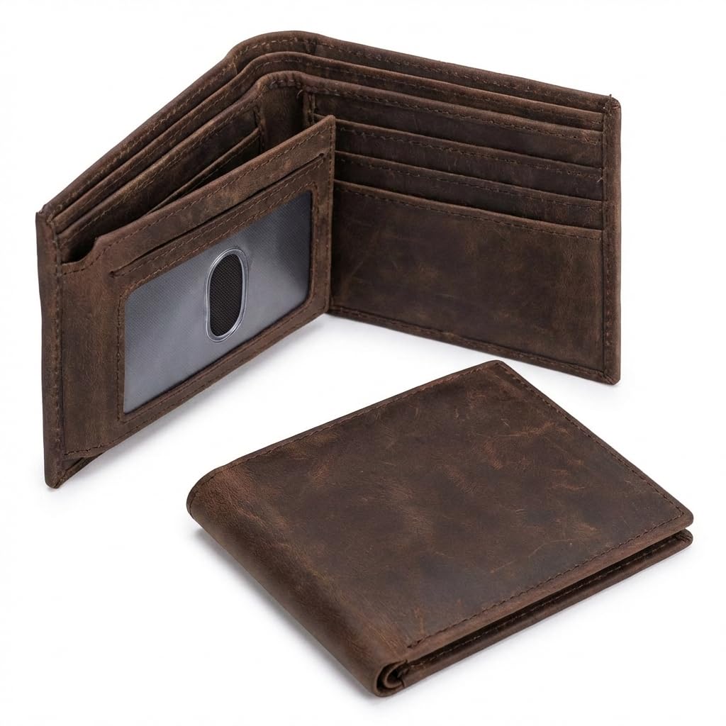 NKPT Full-Grain Leather Bifold Wallet for Men | RFID Blocking, 9 Card Slots, ID Window | Chestnut Brown