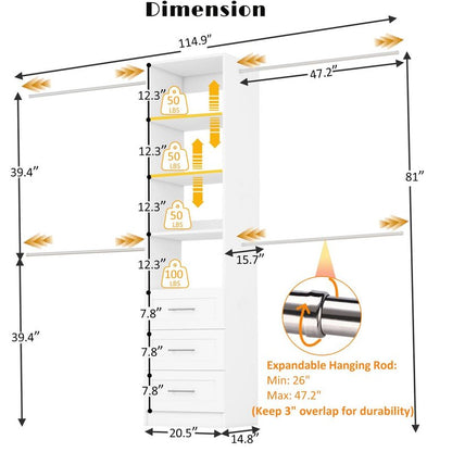 Closet System with Drawers, 5FT-9FT Custom Closet Organizer System 114.9" Walk in Wood Closet Storage System with 4 Expandable Hanging Rods Wall Mount White