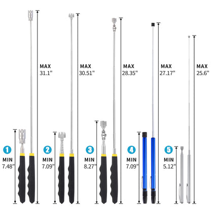 Rechabite 5 Pieces Telescoping Magnetic Pickup Tool Set, 1.5LB 15LB Pick-up Rod, 3.5LB 8LB Tools with LED Light, 10LB 360° Swivel Picker, Strong Magnet Stick Kit for Men Father Gift
