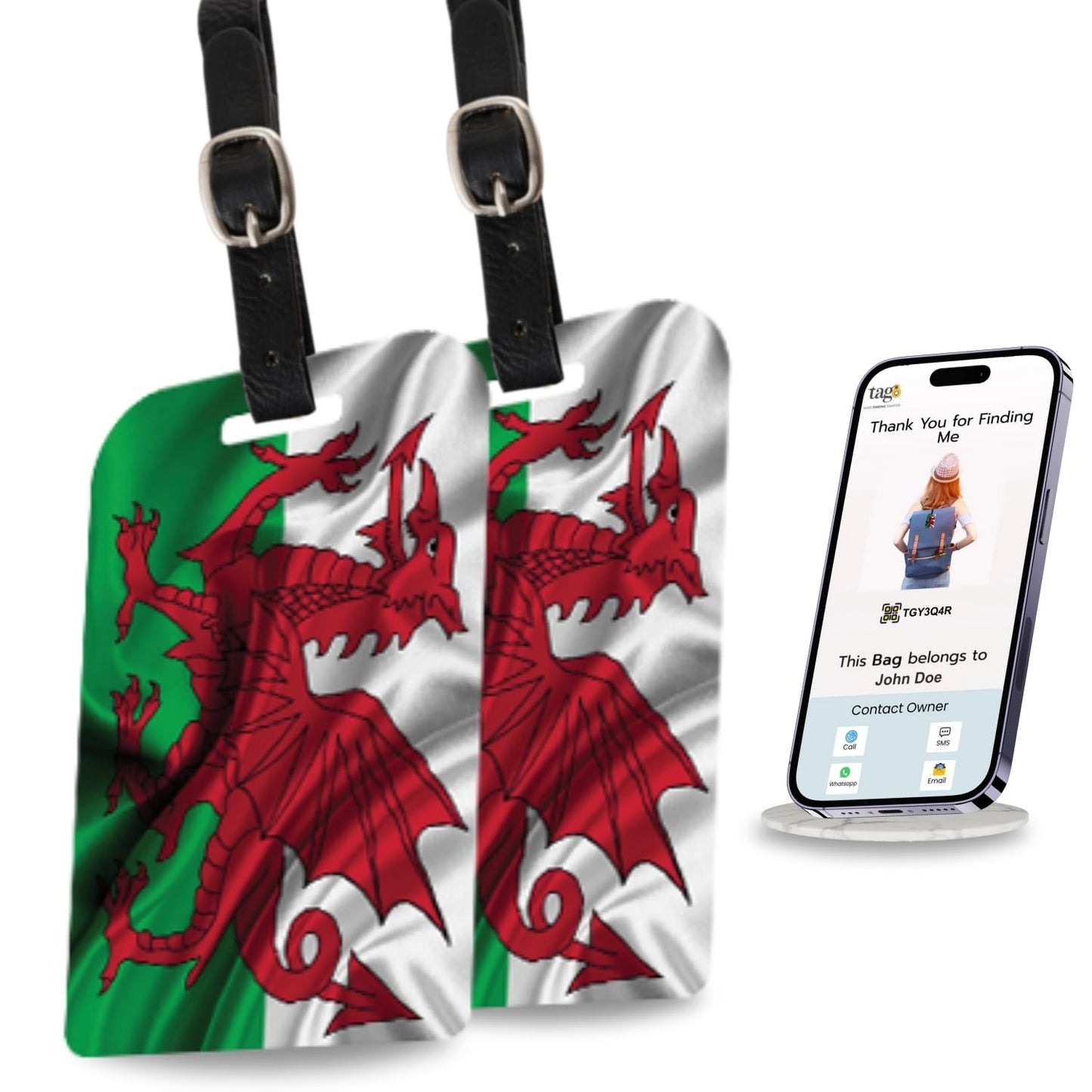 [Pack 2] tag8 Wales Flag Tag Smart Bag tag |Trendy Luggage tag ID Identification | Suitcase Tag | Fashionable Digital Name tag | Airline Compliant, SITA World Tracer Code Enabled | Gift idea
