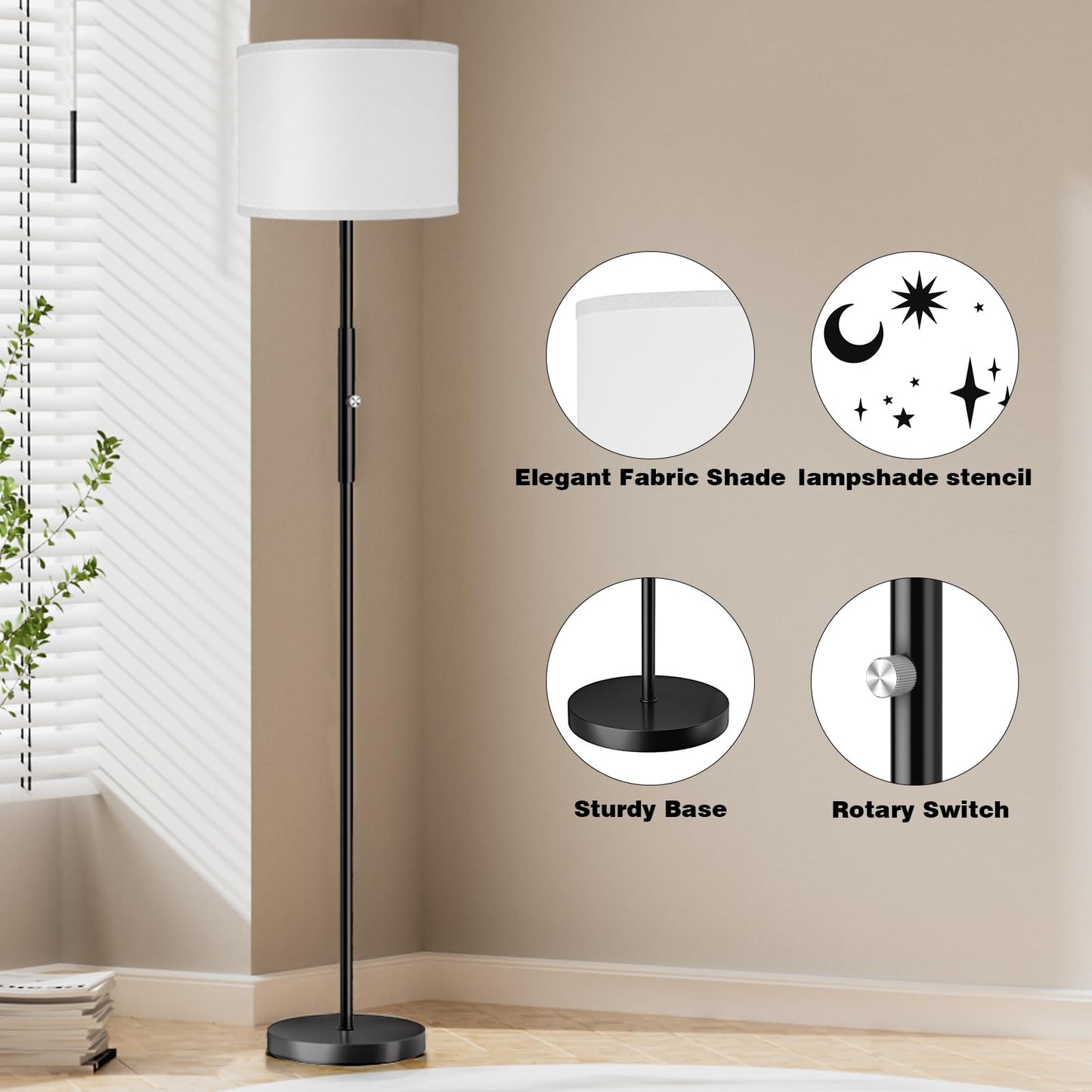 PARTPHONER Floor Lamp for Living Room Bedroom with Lampshade Stencil, 65’’ Modern Tall Lamp Simple Design Standing Lamps for Kids Room Home Office Reading, Bulb Included