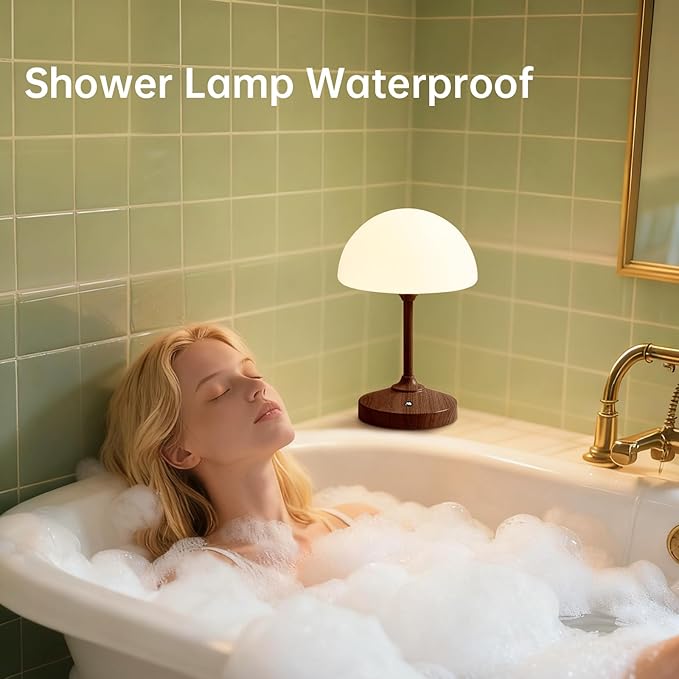 Mushroom Lamp Cordless Lamp Table Lamp,Outdoor Waterproof Shower Lamps,5000mAh Rechargeble Battery Operated Dimmable Touch Desk Lamps,LED Night Light for Bathroom Patio Camping Outdoor/Walnut