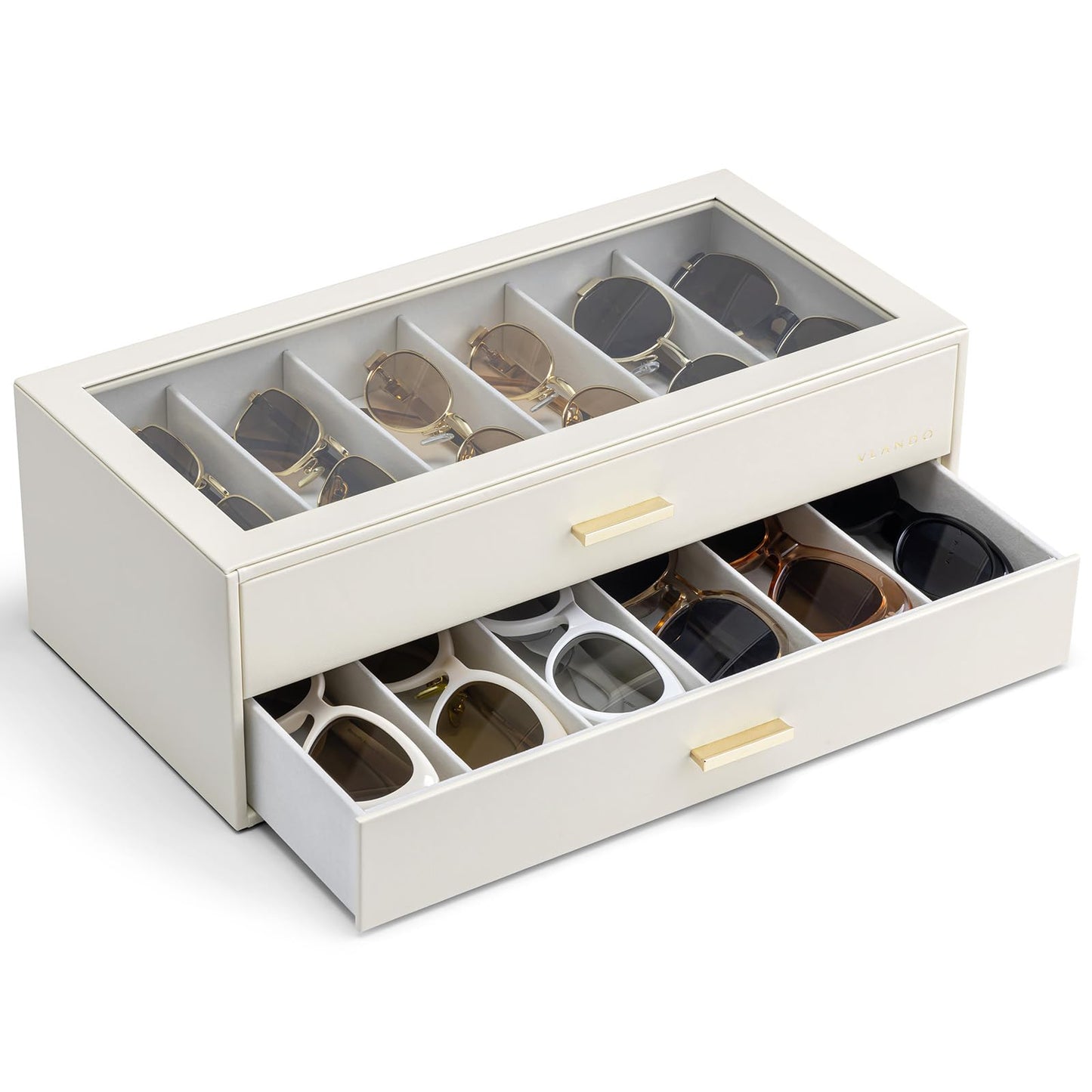 VLANDO 12-Grid Sunglasses Organizer Case, Large Capacity Eyeglass Storage Box with Clear Top Lid & 2 Drawers, PU Leather Sunglass Holder for Women Men, Ideal Gift for Eyewear Lovers - Beige