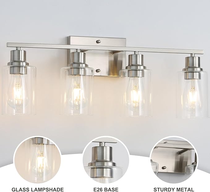 Modern Wall Lighting 4-Lights Brushed Nickel Wall Lamp Fixtures,24" Vintage Wall Sconces with Clear Glass Shades, Farmhouse Bathroom Vanity Light for Mirror,Bedroom,Living Room