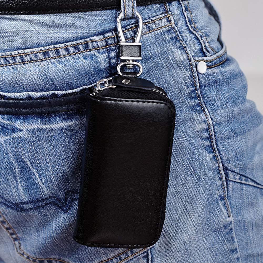 Genuine Leather Key Holder Bag with 2 Card Slots & 6 Hooks, Access Card Key Case Wallet for Men & Women (Black)