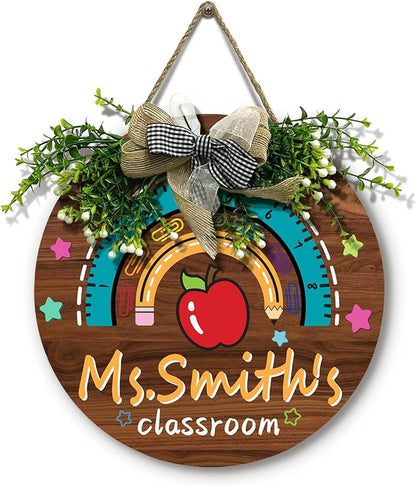 Personalized Custom Classroom Door Sign - Wooden Teacher Name Sign for Classroom Teacher Appreciation Gifts - Boho Rainbow Welcome Back to School Door Hanger Plaque Wreath Decor - 12 Inch
