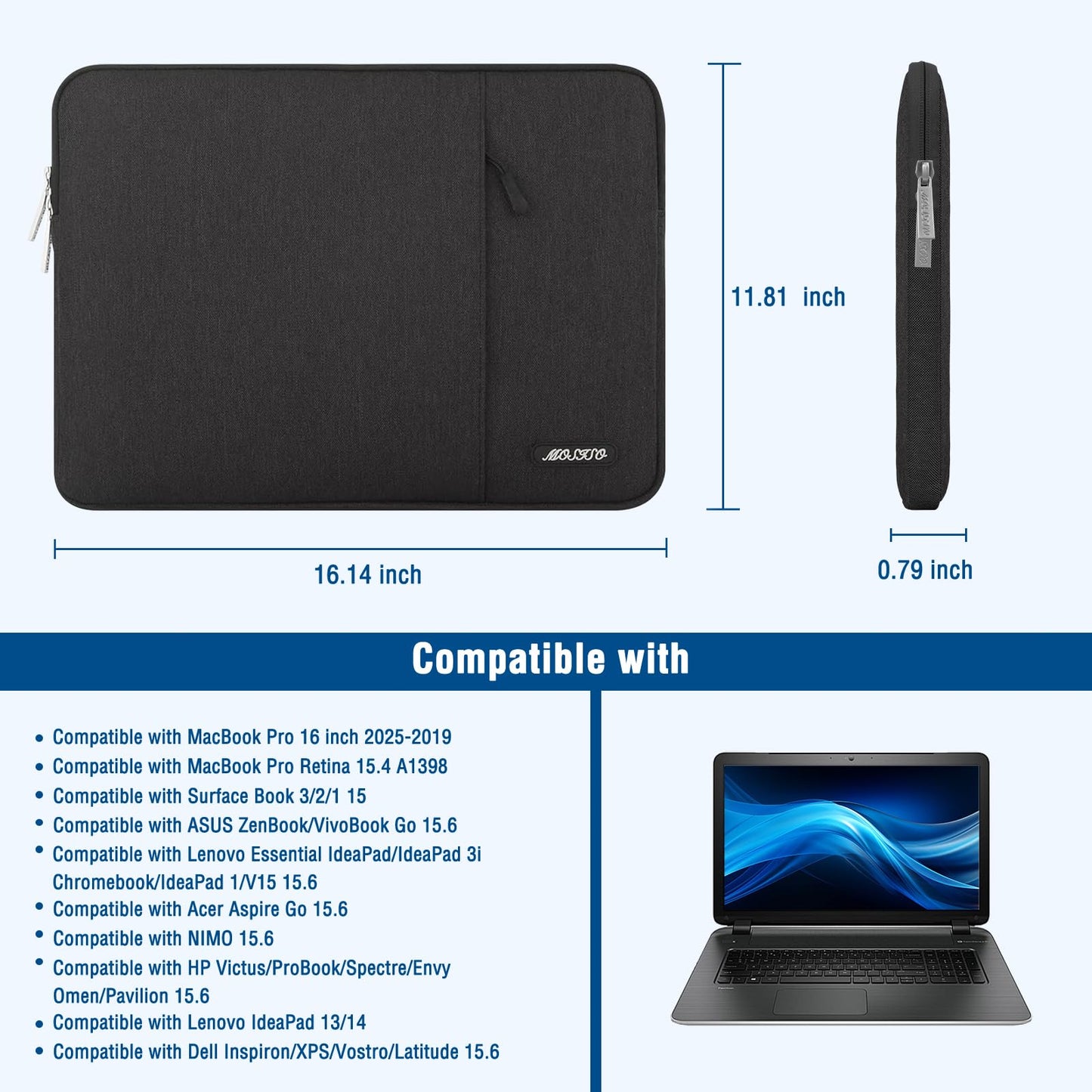 MOSISO Laptop Case 16 inch, 15-15.6 inch Laptop Sleeve Compatible with MacBook Pro 16 M5 M4 M3 M2 M1, HP Acer Dell Lenovo ASUS, Polyester Vertical Computer Sleeve Bag with Pocket, Black