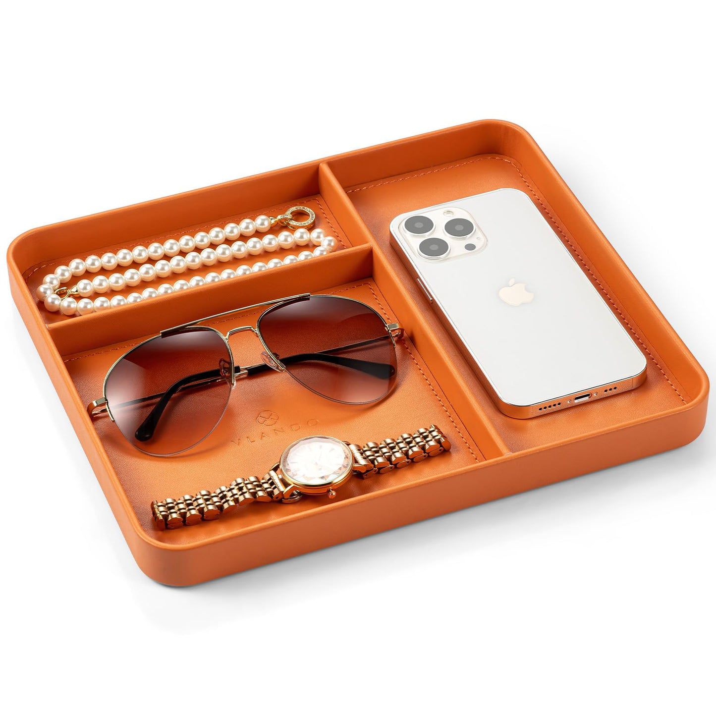 VLANDO Valet Tray Organizer, PU Leather Catchall Tray with Dividers for Keys Wallet Watch Phone Jewelry, Nightstand Dresser Desk Organizer for Sunglasses Perfume Earbuds Accessories, Orange
