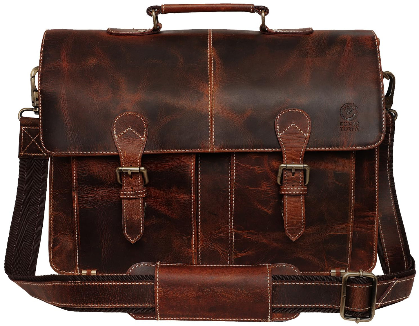 RUSTIC TOWN Handmade 16 inch Brown Leather Shoulder Briefcase Messenger Bag Men's 15.6-inch Laptop Satchel