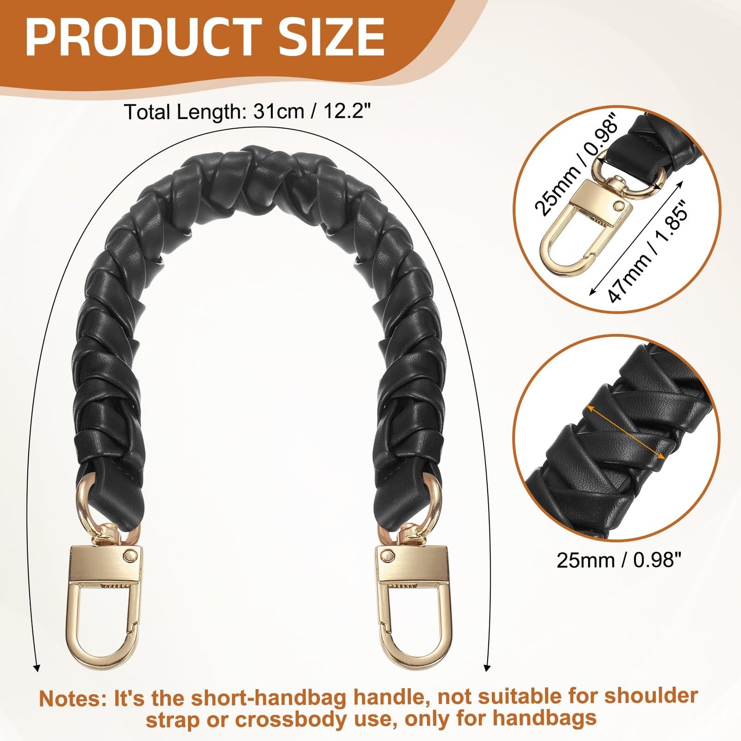 uxcell Leather Braided Purse Handle, 1Pc 31mm/12.2" Short Black Leather PU Braided Purse Strap Replacement Handle with Gold Buckles for Underarm Bags, Handbags, Bucket Bags