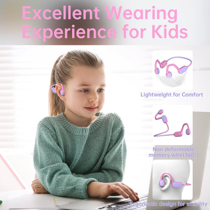Mehomeli Kids Headphones, Bluetooth 5.2 Air Conduction Open Ear Headphones, 85dB Volume Limiting, Stereo Sound with Mic, IPX5 Waterproof, 20H Playtime, Perfect for School and Outdoor-Pink