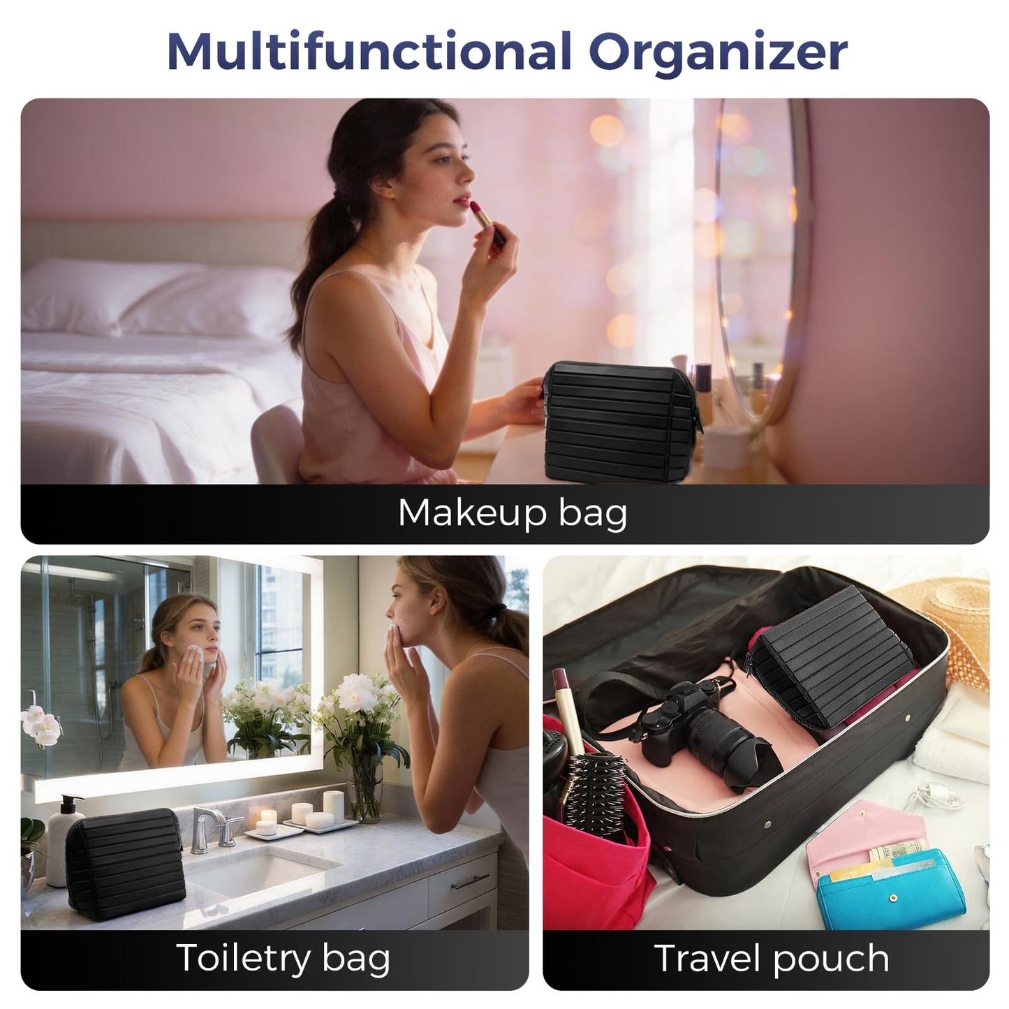 Travel Makeup Organizer Bag with Fold-Down Design and Adjustable Dividers, 27 Pockets & 3 Brush Storage Holders, Large Capacity Cosmetic Bags Toiletry Case- Black