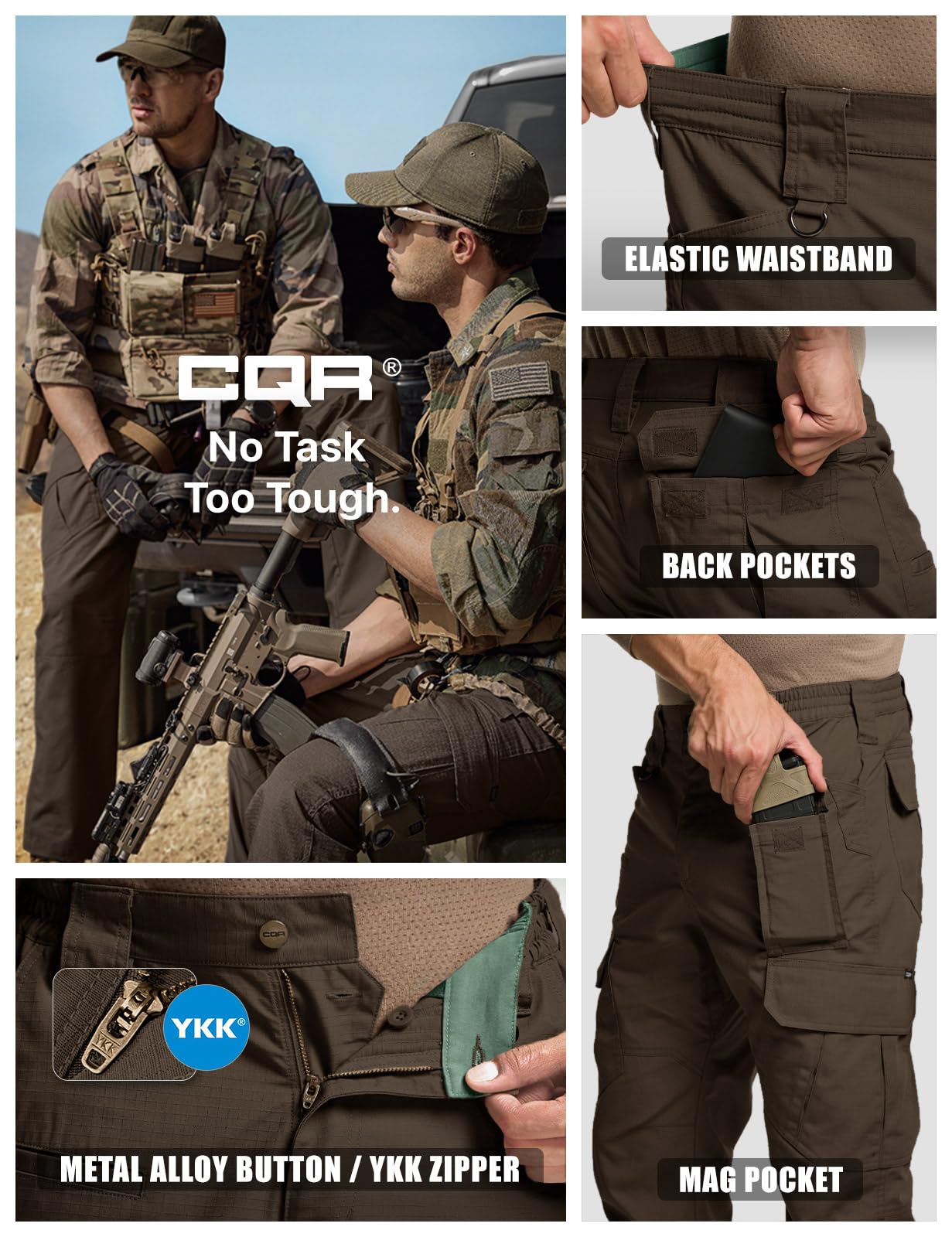 CQR Men's Tactical Pants, Water Resistant Ripstop Cargo Pants, Lightweight EDC Work Hiking Pants, Outdoor Apparel, Duratex Mag Pocket Dark Brown, 28W x 30L
