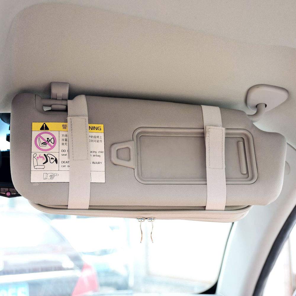 Qitdathn Car Sun Visor Organier Truck SUV Sun Visor Storage Pocket Pouch Holder, Multi-Pocket PU Leather with Zipper Net, for Cards Pens Sunglasses Document (Gray)