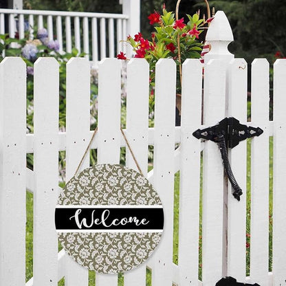 Welcome Sign Front Door Decoration Retro Floral Pattern 12in Round Wooden Hanging Sign for Home Garden Farmhouse Yard