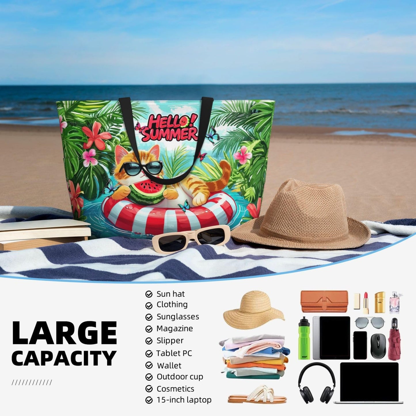 Sylaxfop Extra Large Beach Bag, Waterproof Sandproof Beach Totes Bags With Zipper, Cute Cat Lightweight Foldable Weekender Pool Bags For Women Pool Travel Vacation Gym