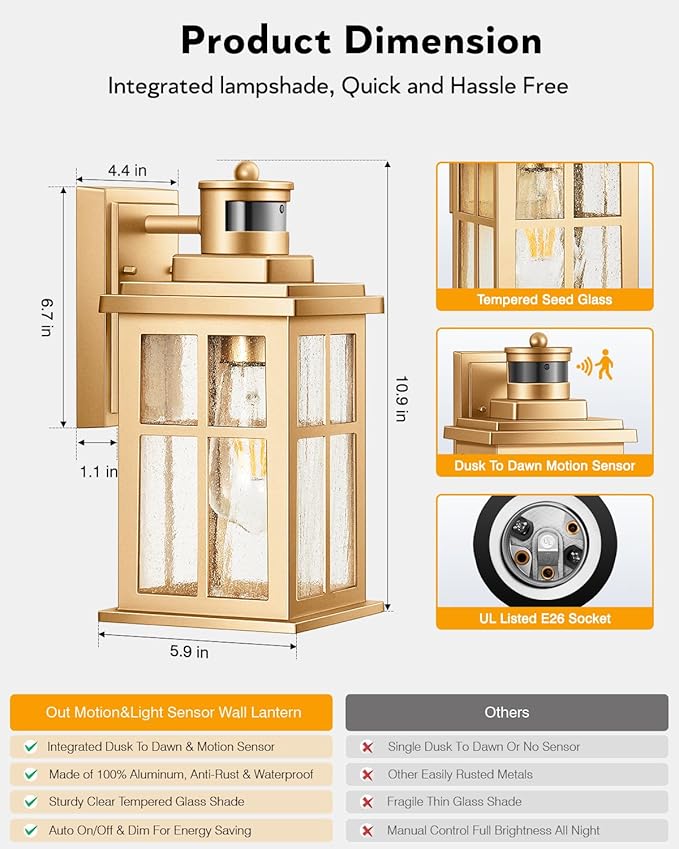 VIANIS 2 Pack Motion Sensor Outdoor Wall Lights, Modern Gold Exterior Garage Lighting Fixtures Wall Mount for House, Anti-Rust Waterproof Dusk to Dawn Front Porch Lights Wall Lantern Sconce for Patio