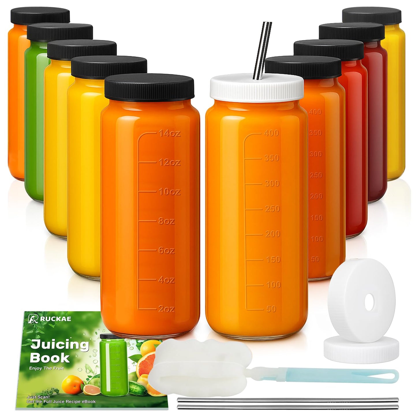 Ruckae 16oz 10 Pack Juice Bottles, Glass Bottles with Lids, Smoothie Cup Lids and Straws, Water Bottle Mason Jar Drinking Glasses for Juicing, Smoothies, Kombucha