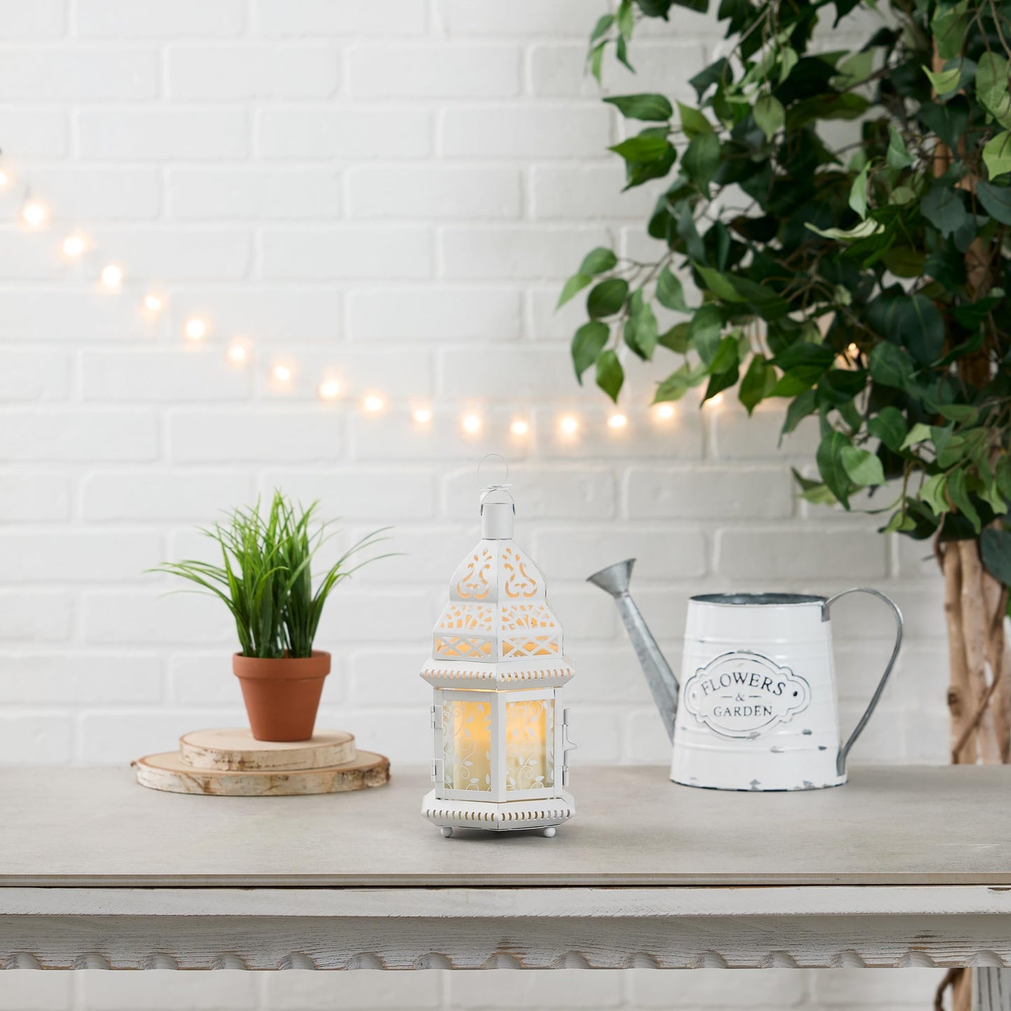 Accent Plus Christmas Decorations Indoor Lantern Decorative Outdoor Christmas Decorations Candle Lantern Moroccan Candle Holders Metal Hanging Lantern, White 6 X 5 X 12 Inches