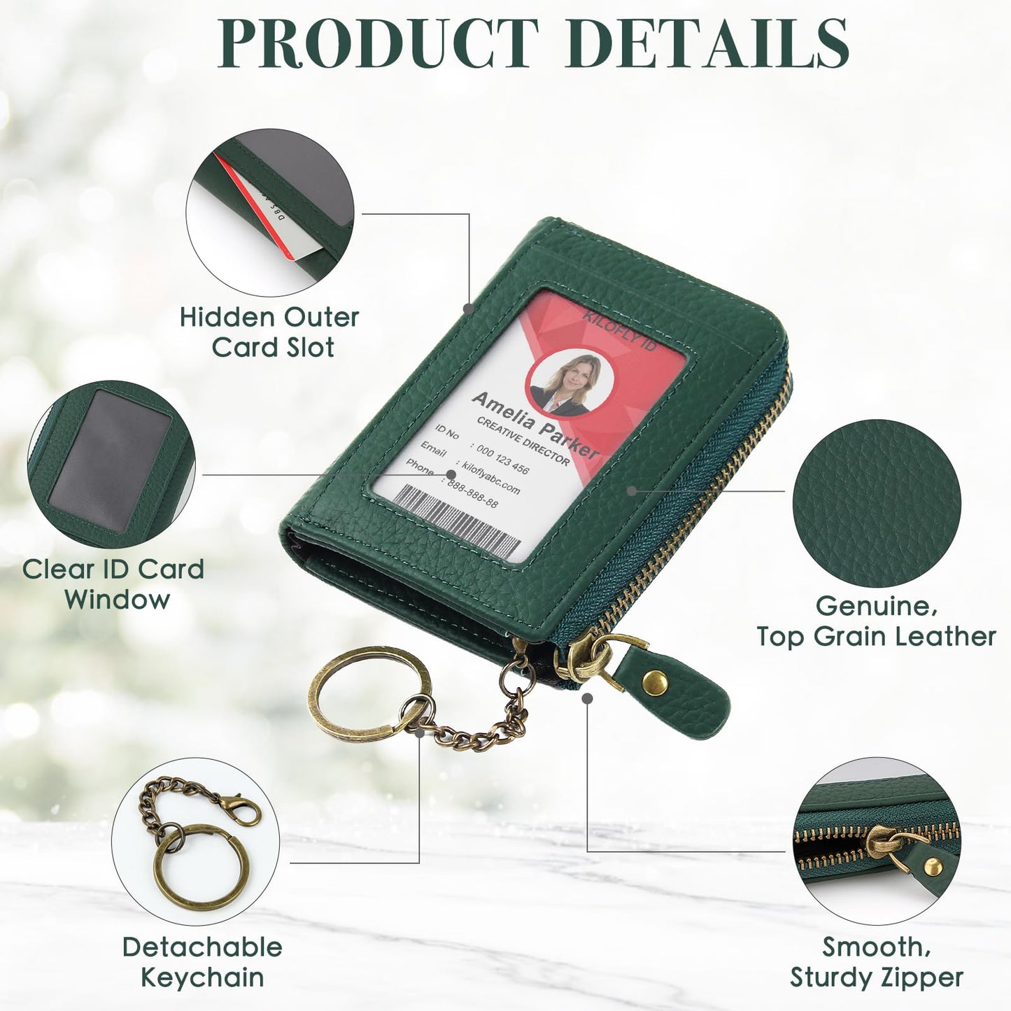 kilofly Genuine Leather Card Slot ID Holder Wallet + Keychain Cable Organizer