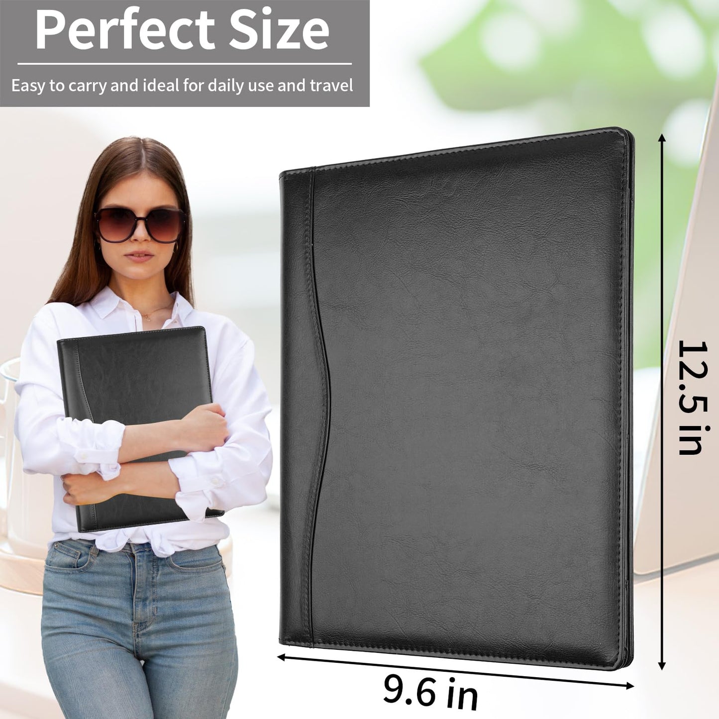 MOWPOG Professional Padfolio Portfolio Binder, Faux Leather Interview Resume Folder, Letter Size A4 Legal Writing Pad Holder, Document Organizer for Business School Office Conference (Black)