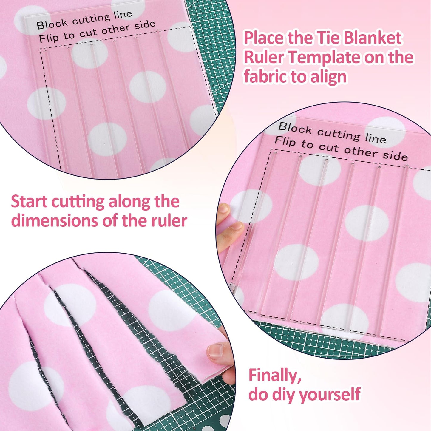 Hahafelt 3 Pcs DIY Tie Blankets Fleece Kit - No Sew Blanket Kit Includes 50x60 Inch No Sew Fleece Fabric and Ruler Template DIY Throw Making for Bed Couch(Pink Polka Dot)