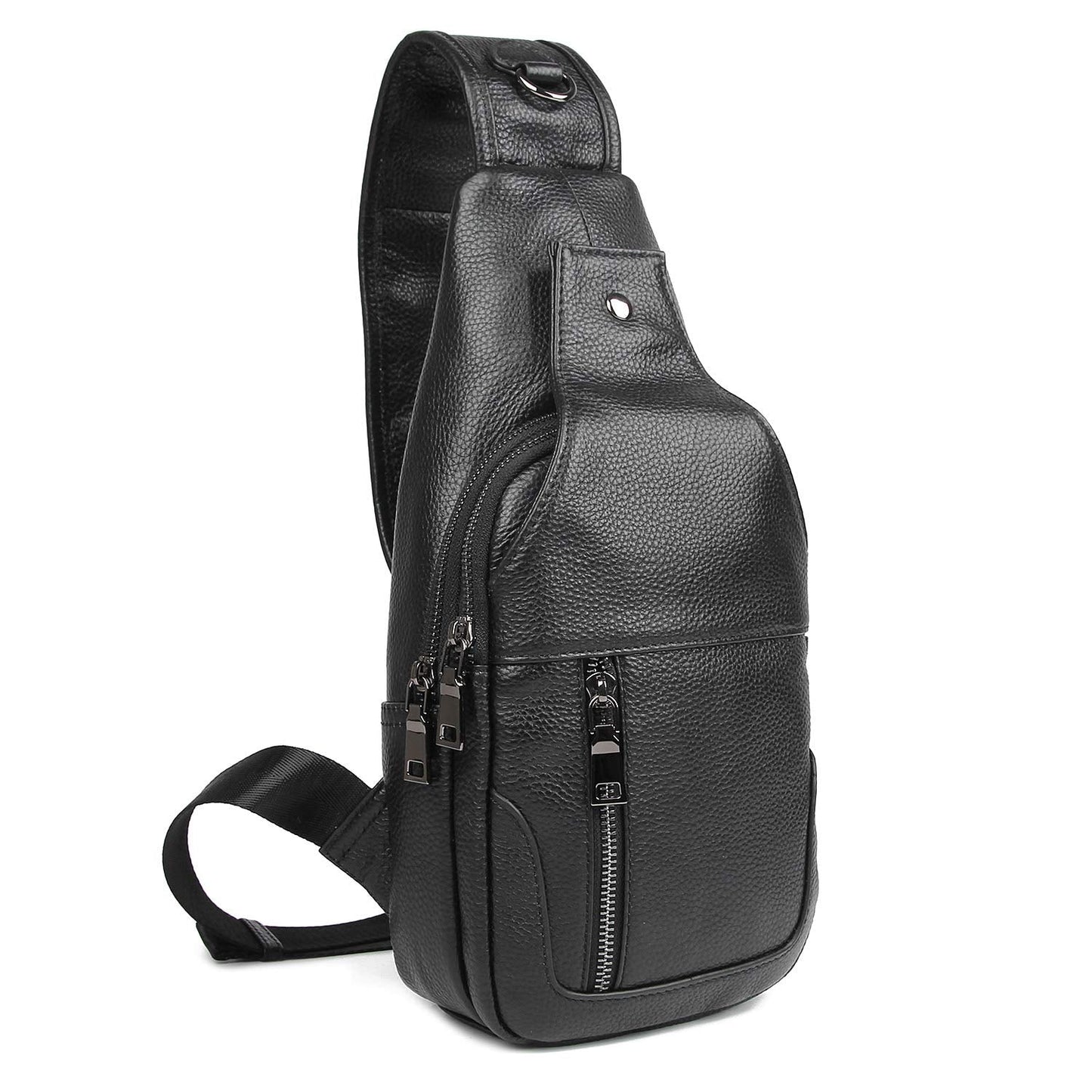 Polare Cowhide Leather Waterproof Casual Daypack Anti Theft Sling Shoulder Chest Crossbody Bag For Men (Black-Small)