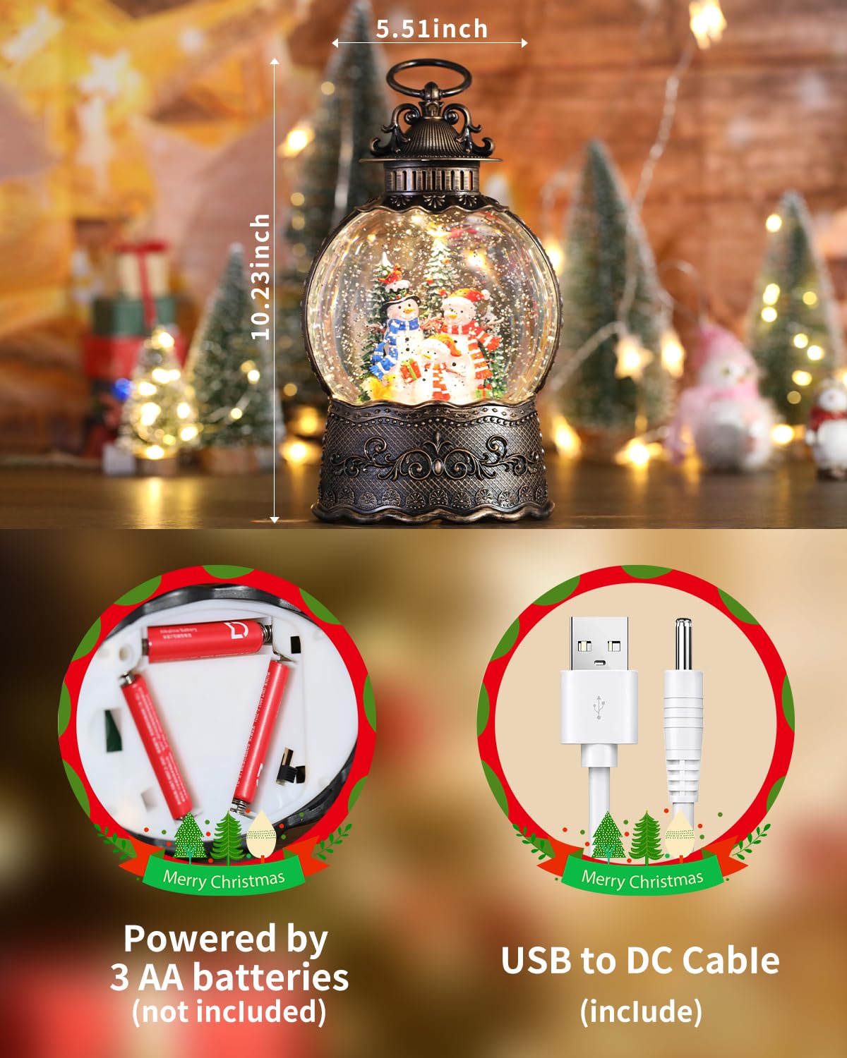 Frosty Snowman Cardinals Snow Globe Lantern for Christmas Decorations, Musical and Luminous,USB or Battery Operated