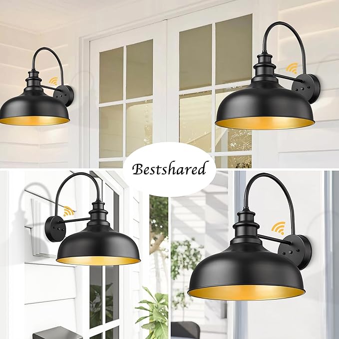 Bestshared 16 Inch Dome Large Dusk to Dawn Sensor Gooseneck Barn Light Farmhouse Outdoor Wall Sconce Industrial Exterior Wall Lighting Fixture, Outside Lantern Garage Lamp (Black+Gold,16” Dome-1Pack)
