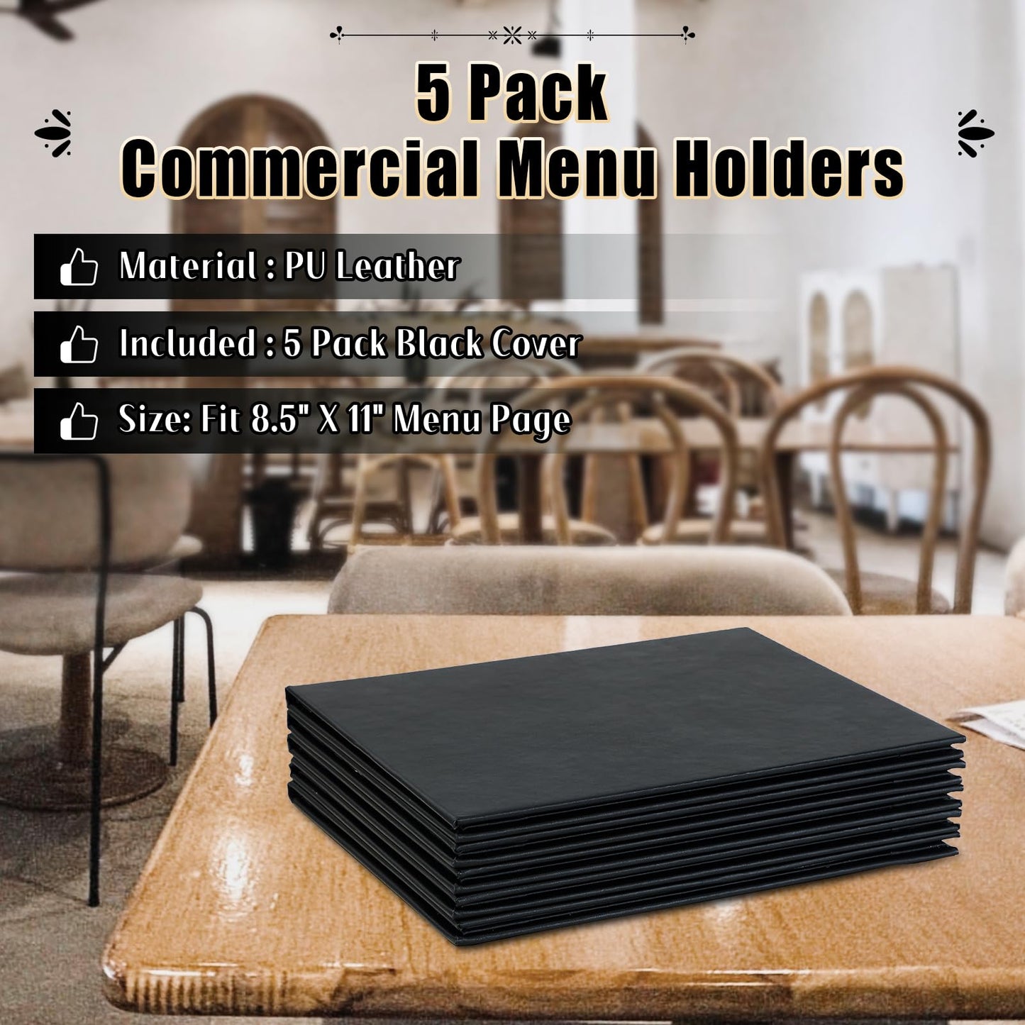 FLKQC Restaurant Menu Covers Holders 8.5 X 11, 5 Pack Synthetic Leather Menu Holder Covers Book Style with Angled Corners Black for Wine List, Certificate Organizer Diploma Holder (4 Page 6 View)