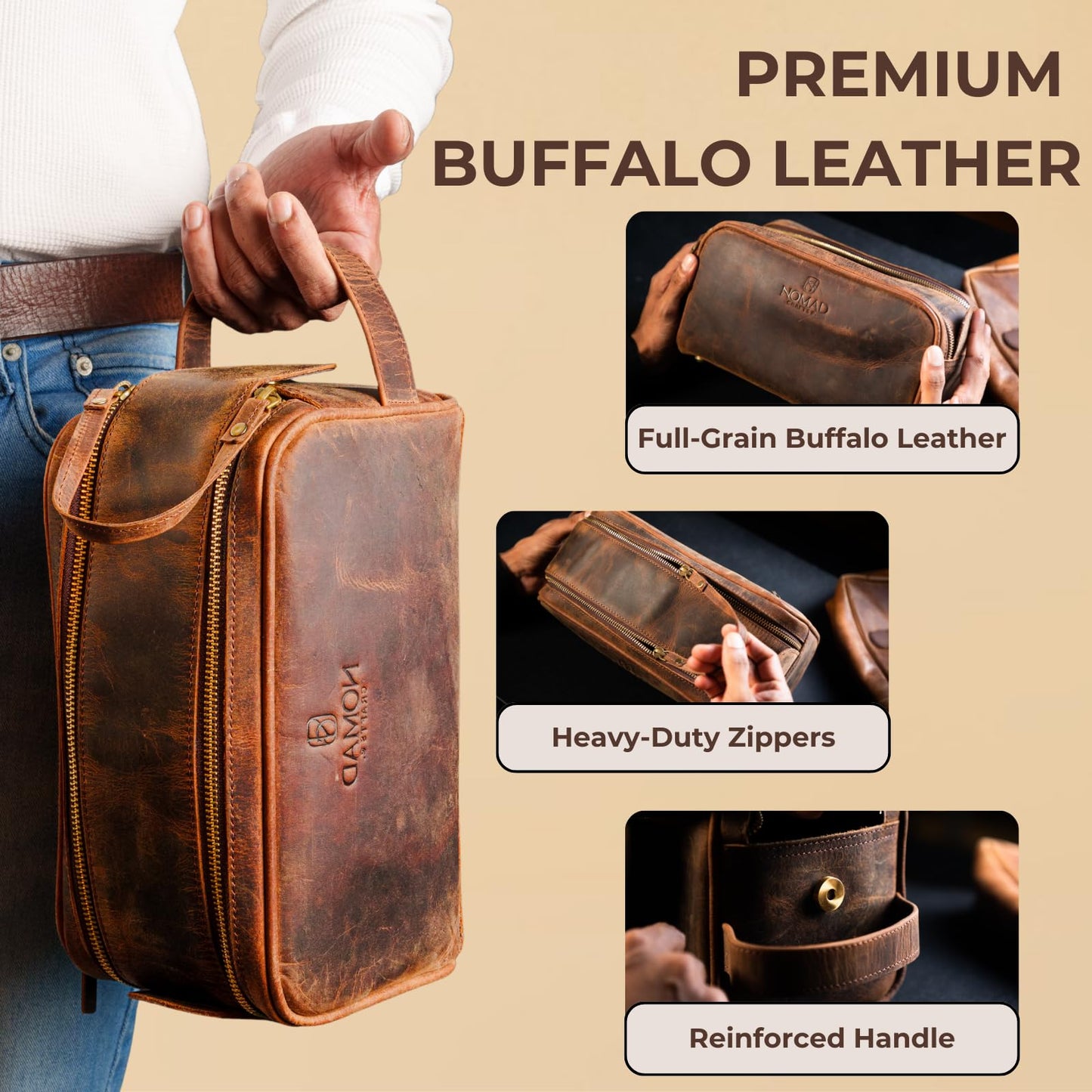 King Size Premium Leather Travel Toiletry Bag for Men and Women - Water-Resistant Dopp Kit - Mens Bathroom Bag, Shaving & Cosmetic Organizer - Toiletry Bag, Travel Bag Leather, Unisex Use