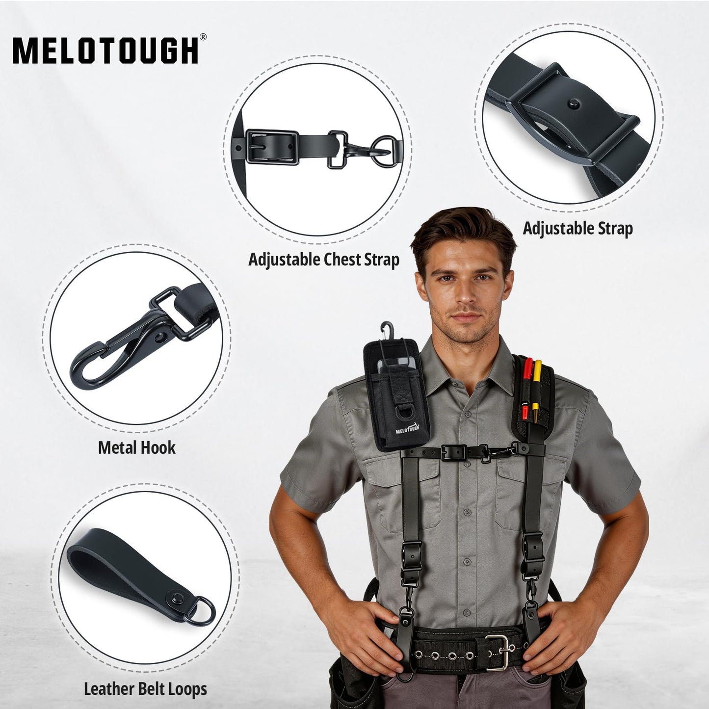 MELOTOUGH Oil Tanned Leather Padded Tool Belt Suspenders for Men,Carpenter Tool Bag Suspenders- Heavy Duty & Padded Support w/Adjustable Chest Strap,Electrical Worker,Gifts for Men,Black